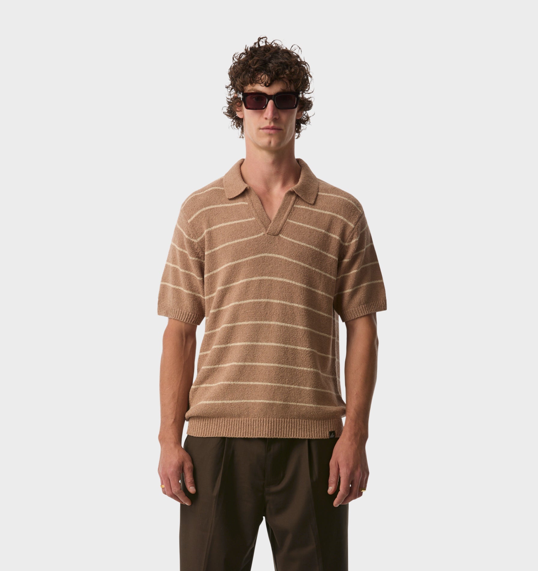 Clive Knit SS Polo - Mushroom Stripe