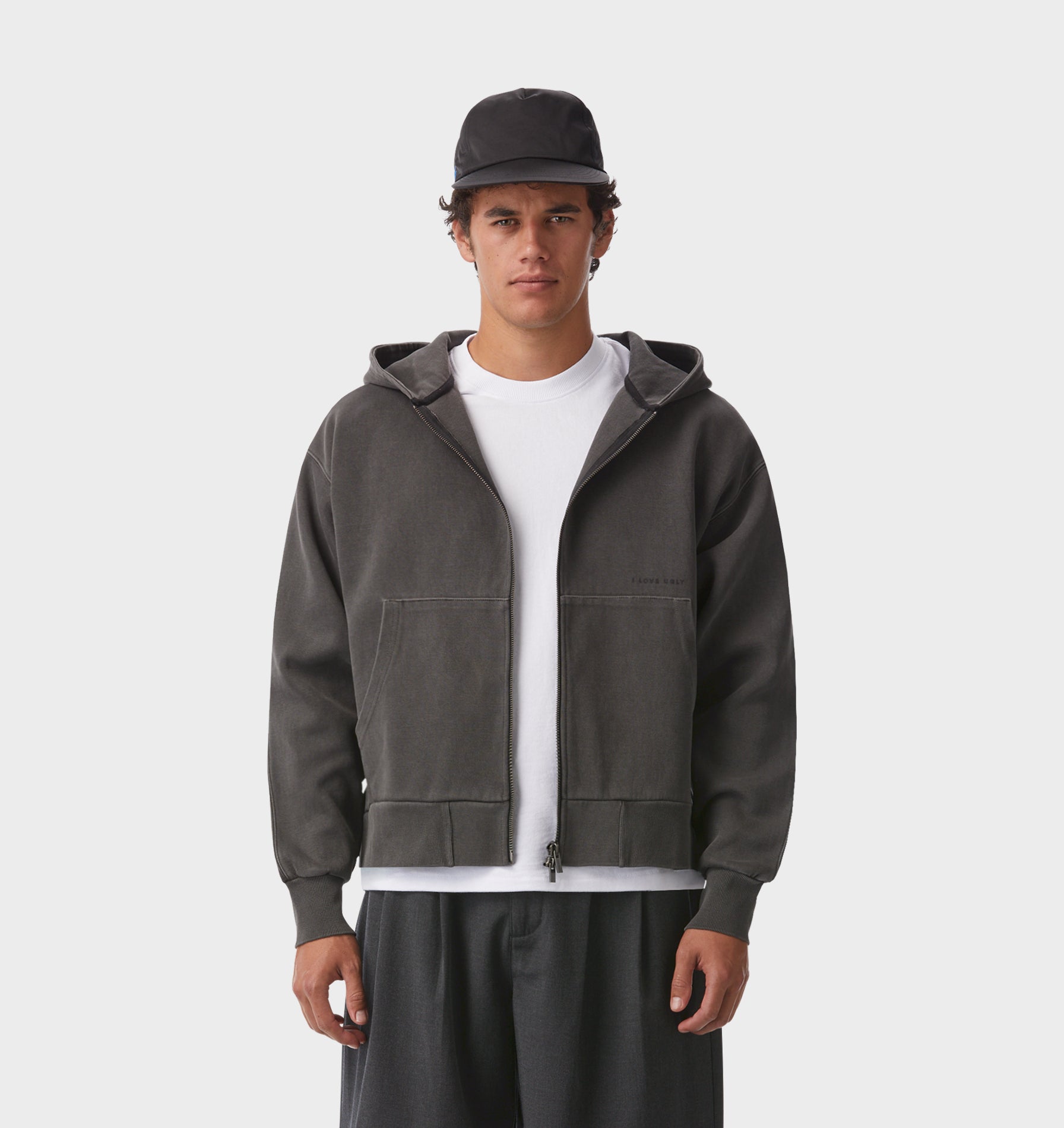 Cropped Zip Up Hood - Washed Black