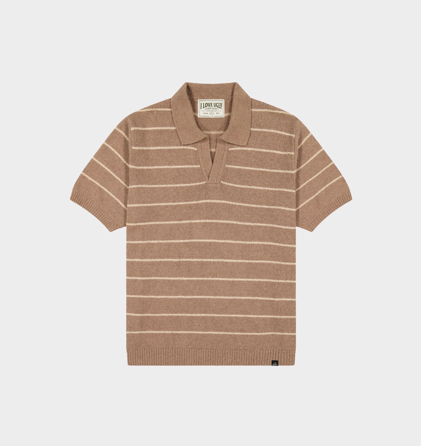 Clive Knit SS Polo in Mushroom Stripe | I Love Ugly US