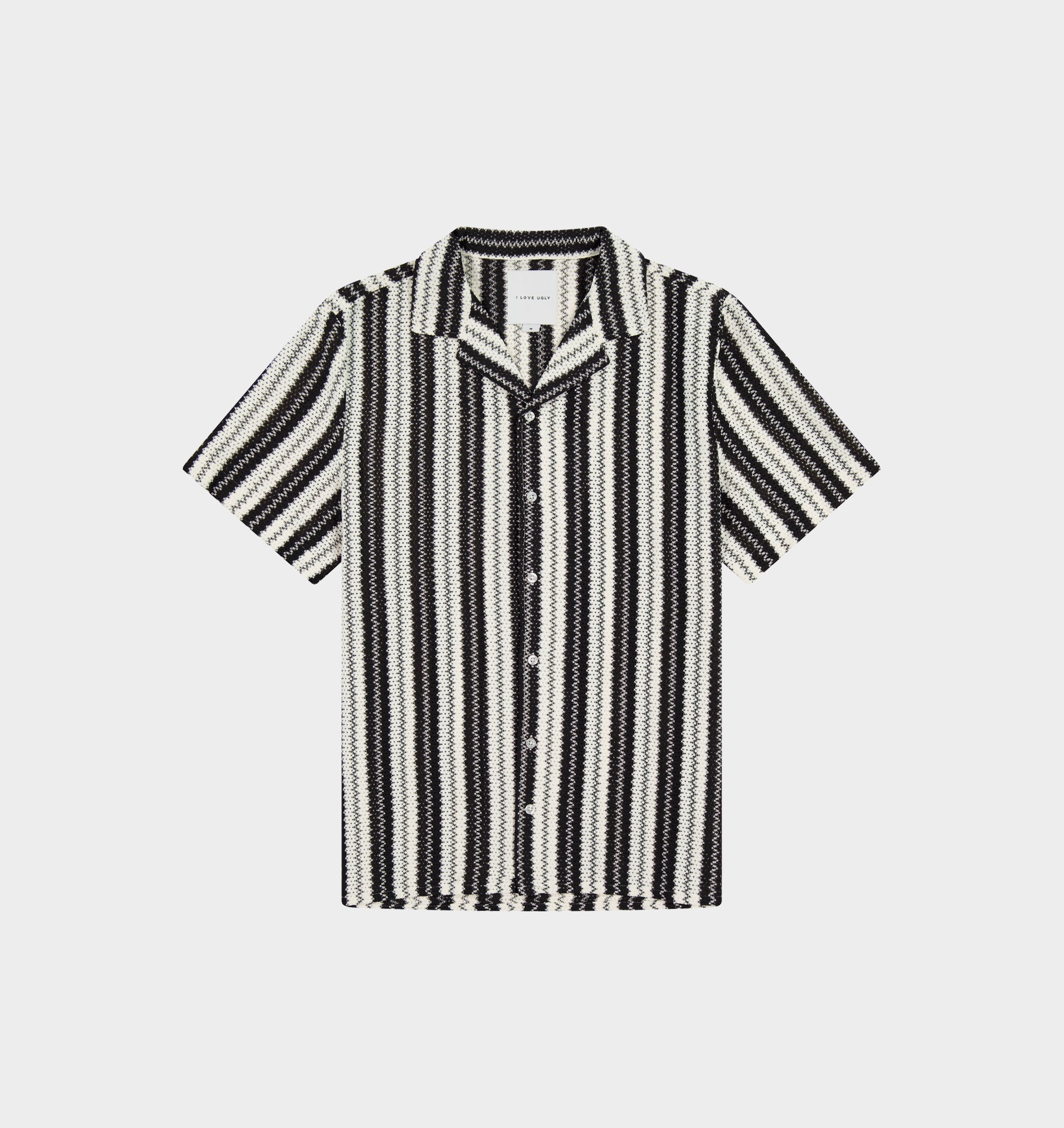 Textured Cuban Collar SS Shirt - Black/White Stripe