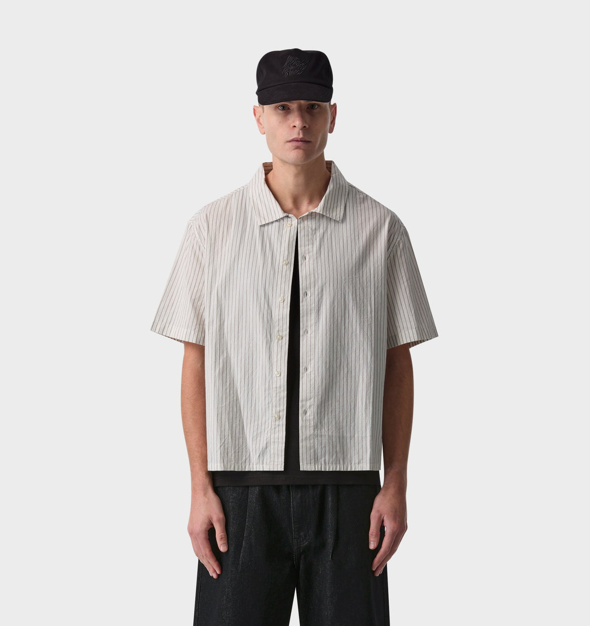 Stripe Crop SS Shirt - White/Black/Beige Stripe