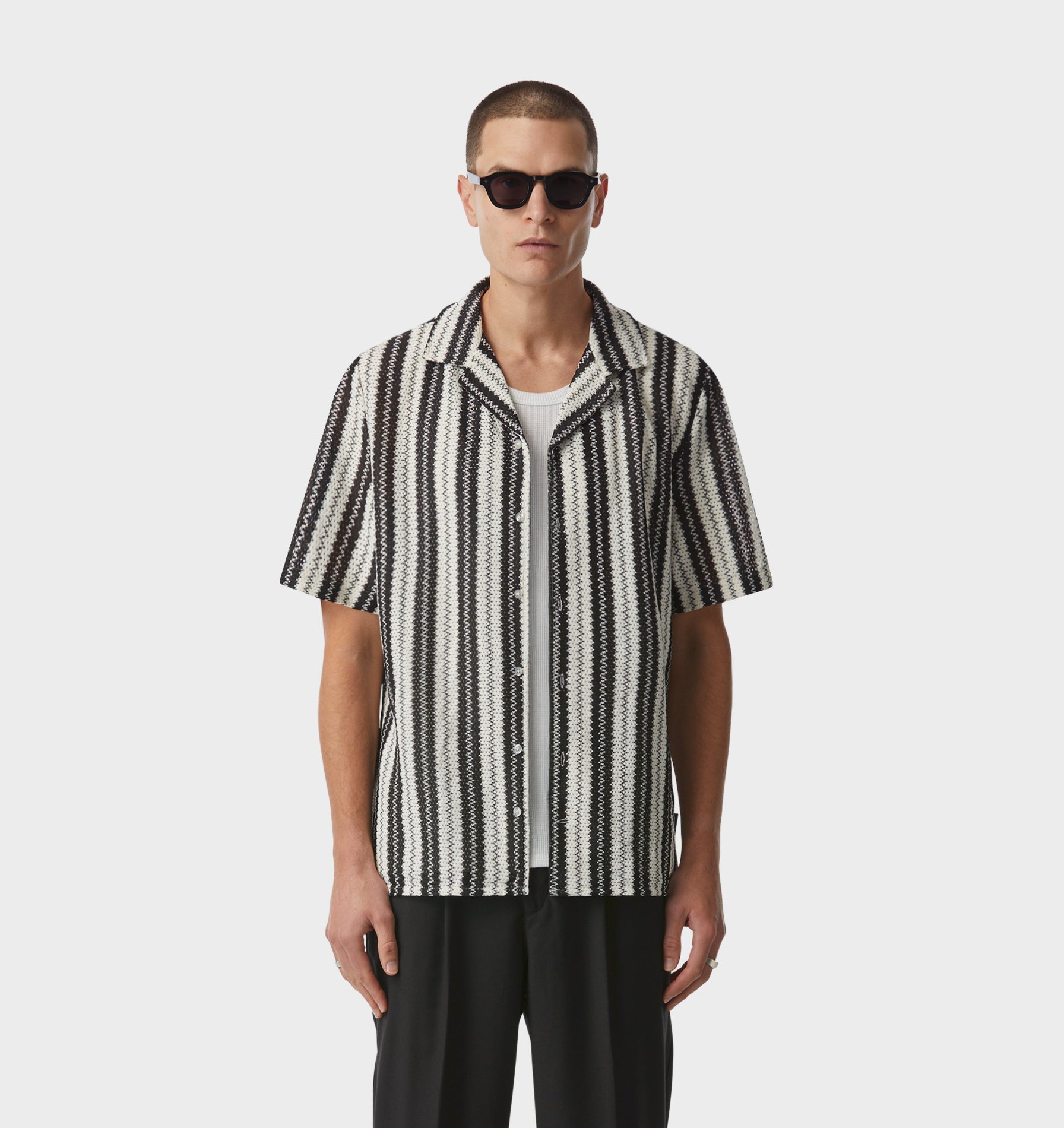 Textured Cuban Collar SS Shirt - Black/White Stripe