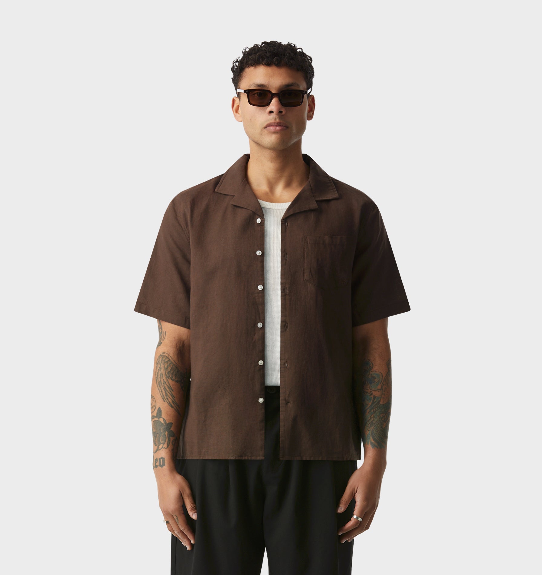 Linen Cuban Collar SS Shirt - Espresso