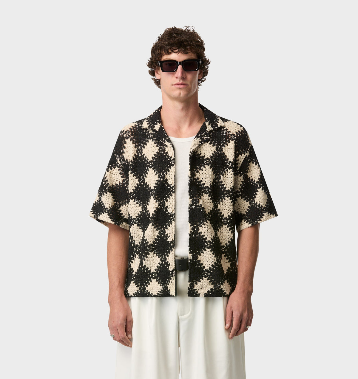 Crochet Box Cuban Collar SS Shirt - Off White/Black