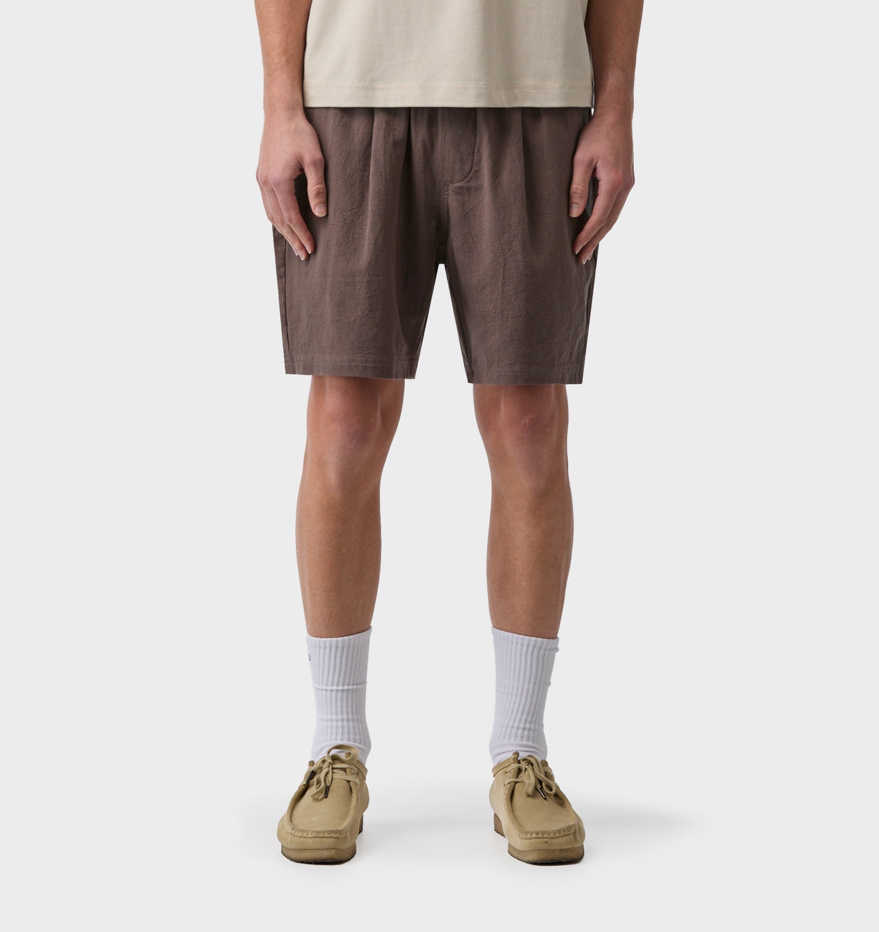 Linen Michael Pleat Short - Mushroom