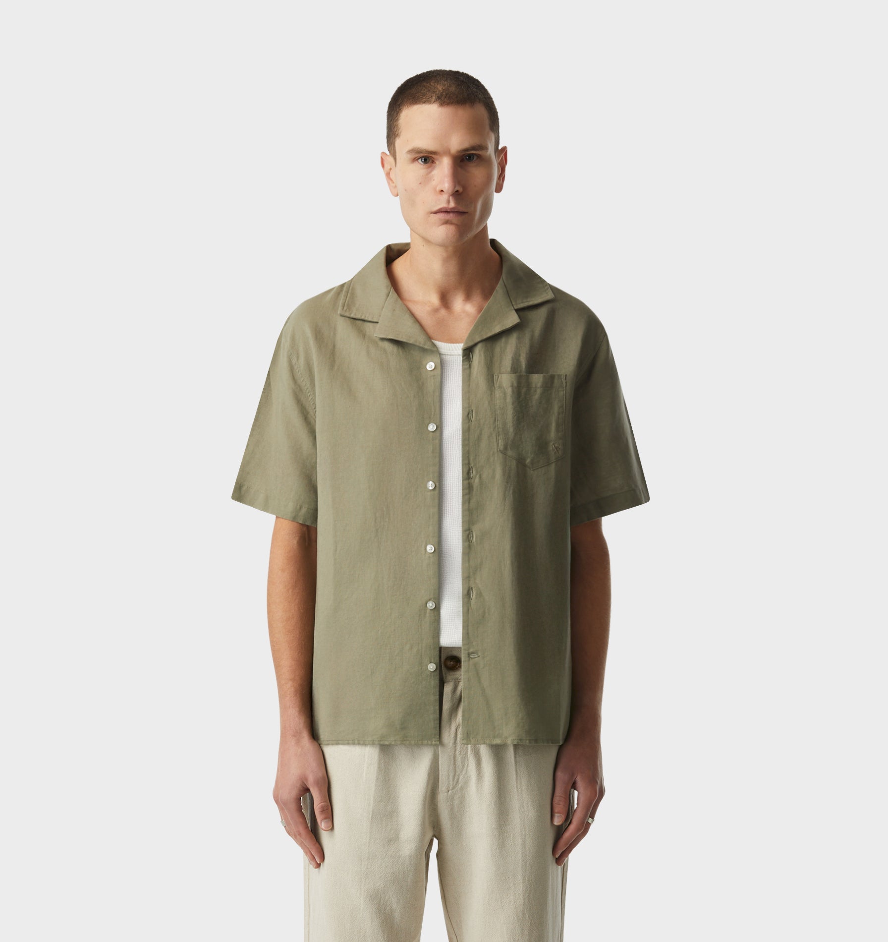 Linen Cuban Collar SS Shirt - Sage