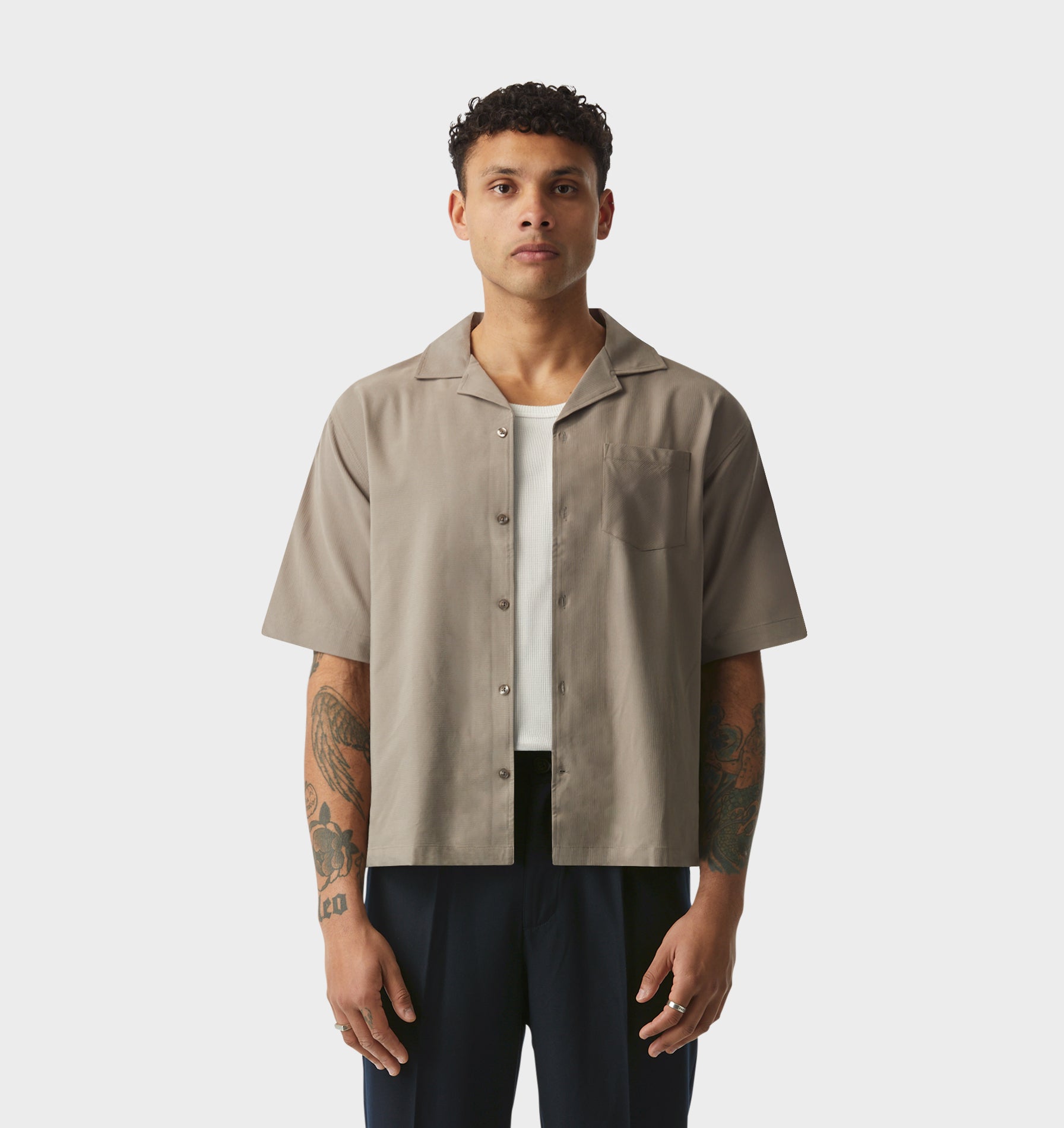 Textured Box Cuban Collar SS Shirt - Mushroom Stripe