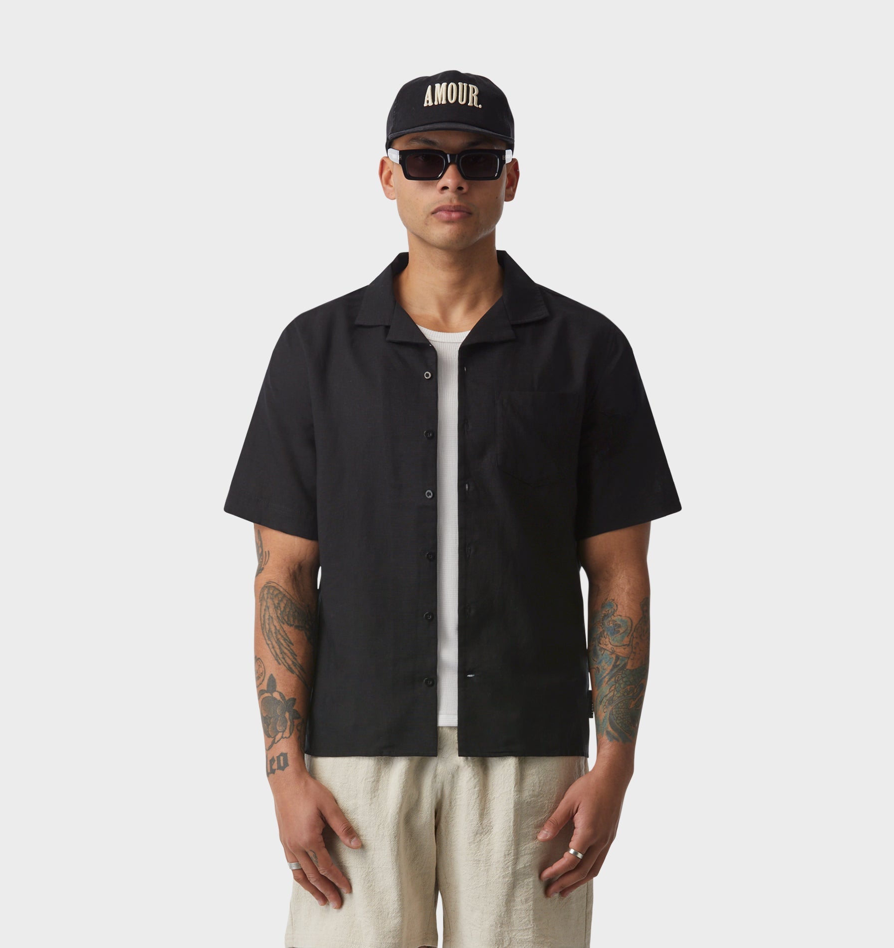 Linen Cuban Collar SS Shirt - Black