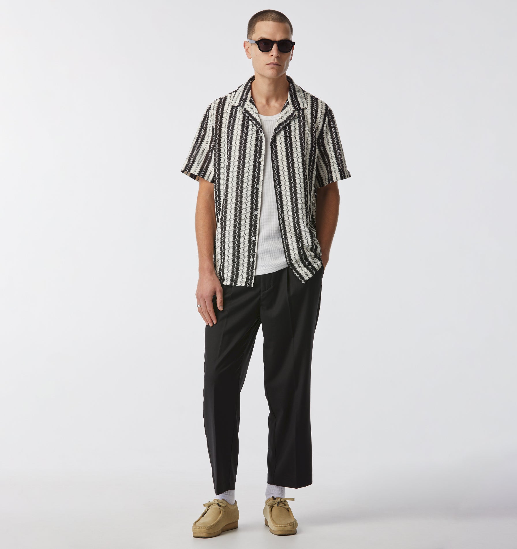 Textured Cuban Collar SS Shirt - Black/White Stripe