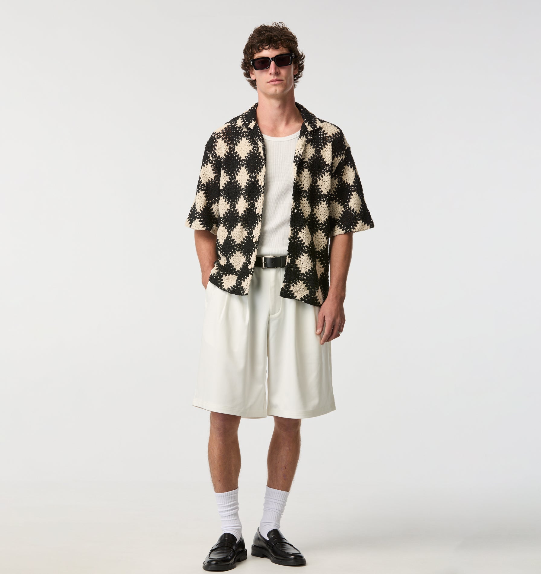 Crochet Box Cuban Collar SS Shirt - Off White/Black