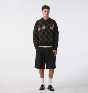 Checkerboard Knit Sweater - Charcoal