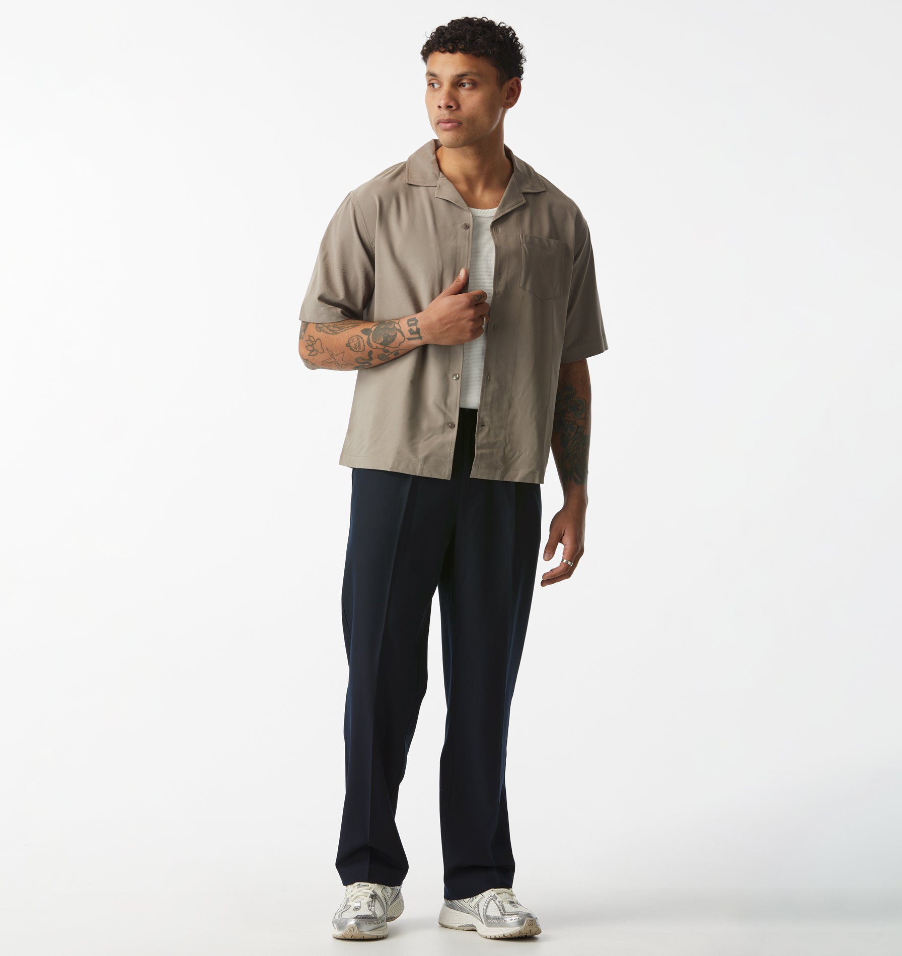 Textured Box Cuban Collar SS Shirt - Mushroom Stripe