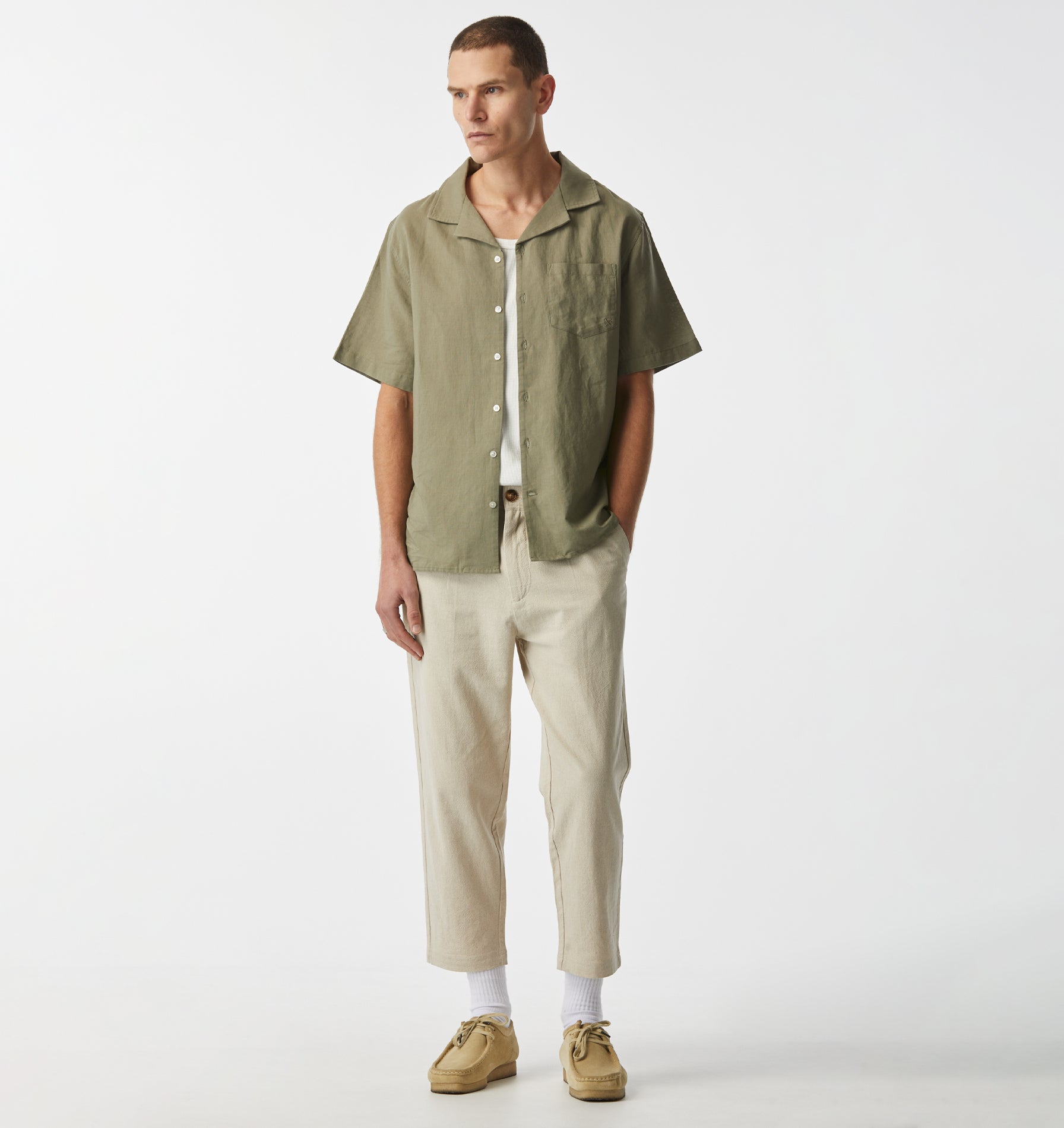 Linen Cuban Collar SS Shirt - Sage