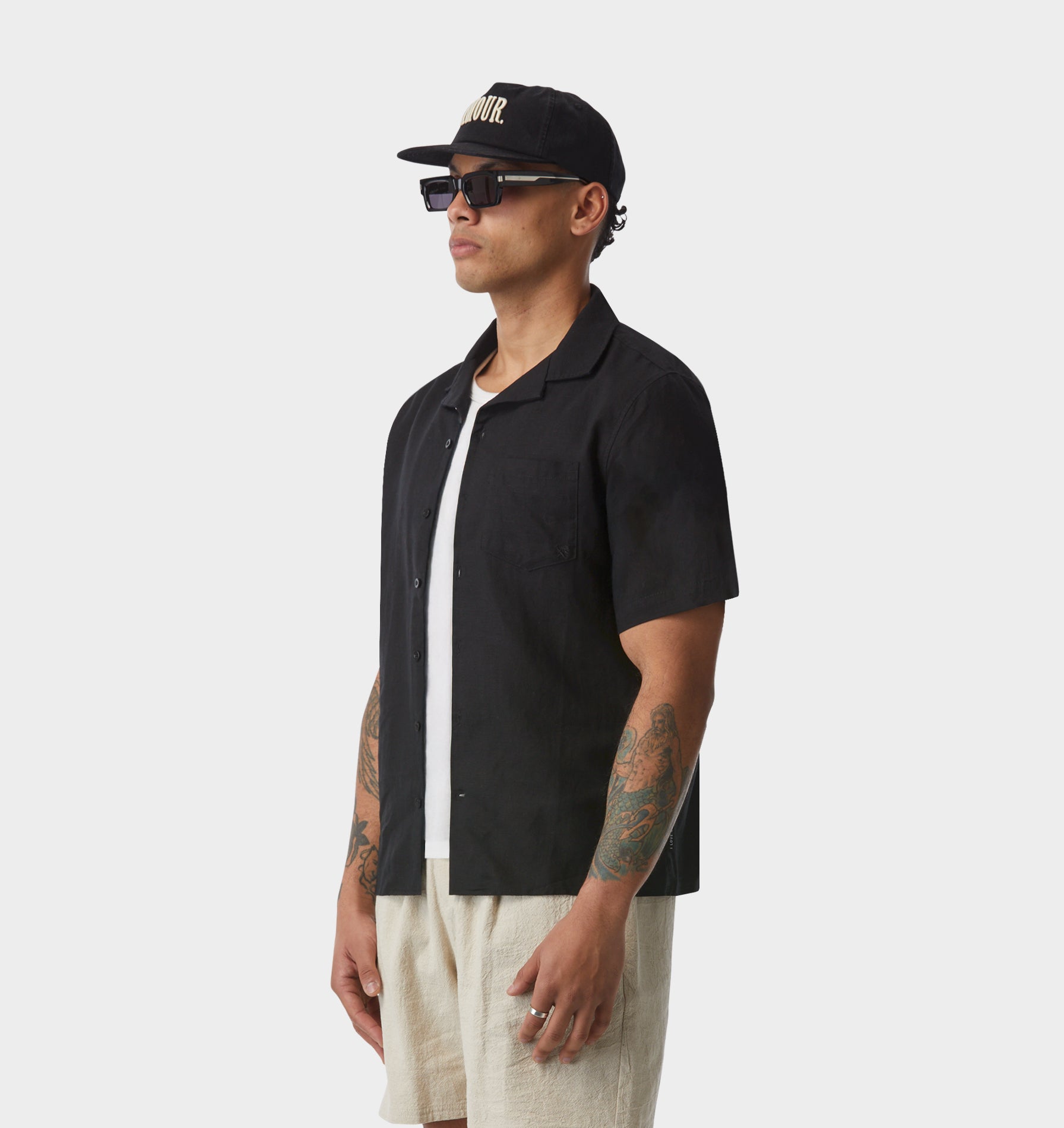 Linen Cuban Collar SS Shirt - Black