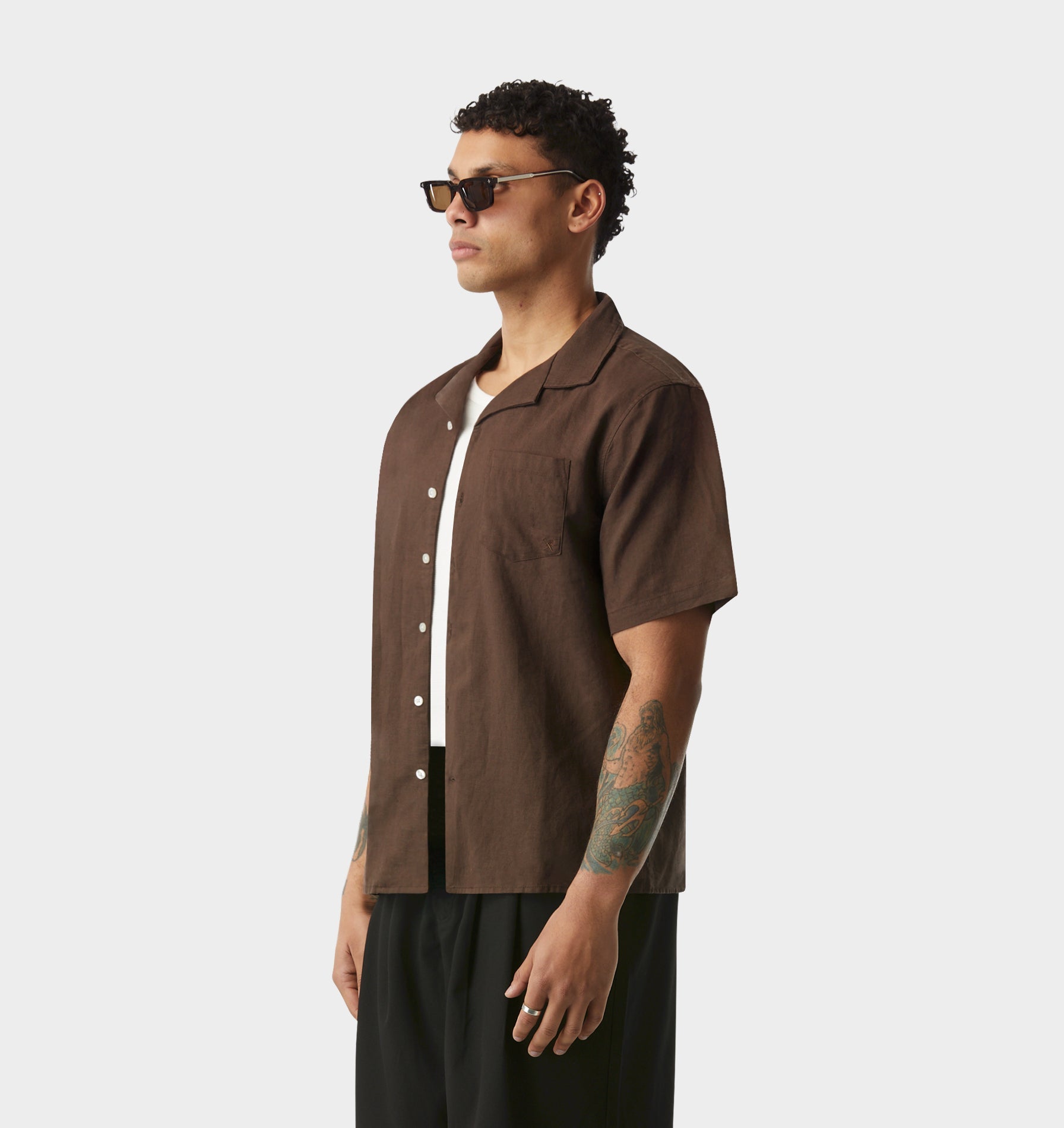 Linen Cuban Collar SS Shirt - Espresso