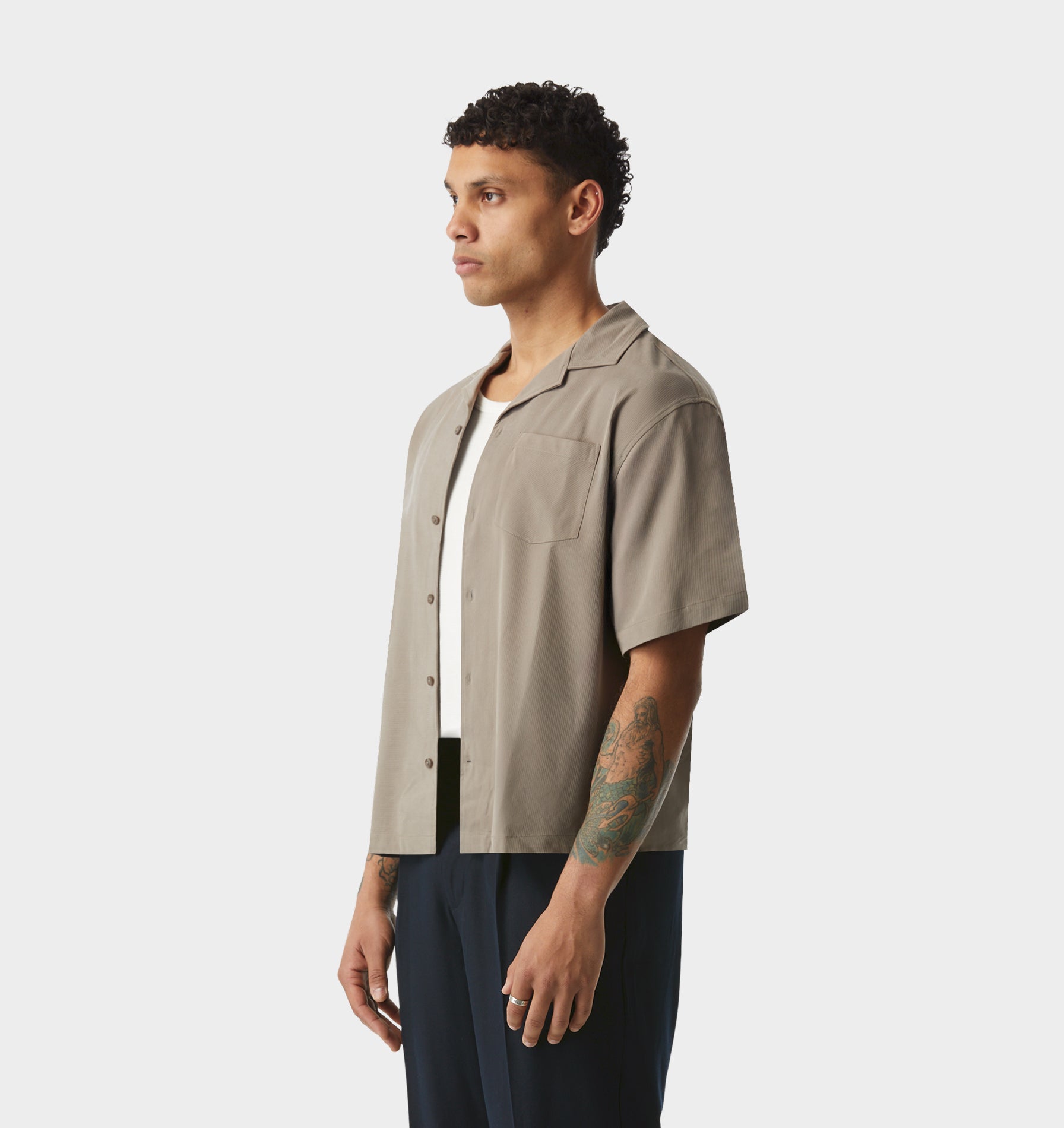 Textured Box Cuban Collar SS Shirt - Mushroom Stripe