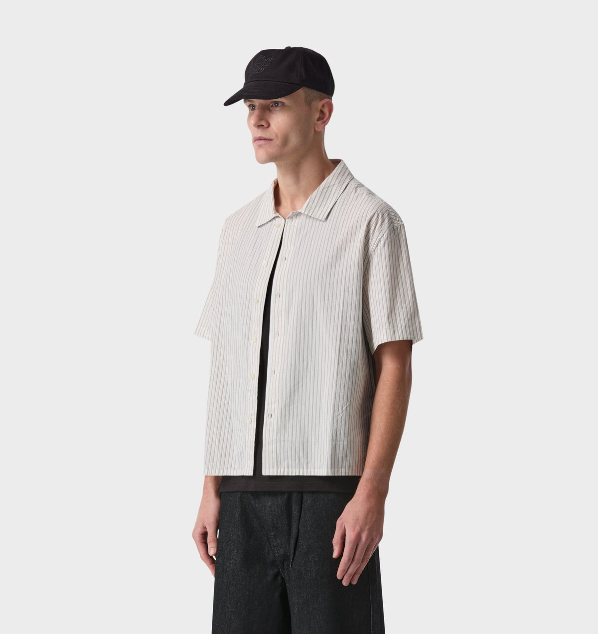 Stripe Crop SS Shirt - White/Black/Beige Stripe