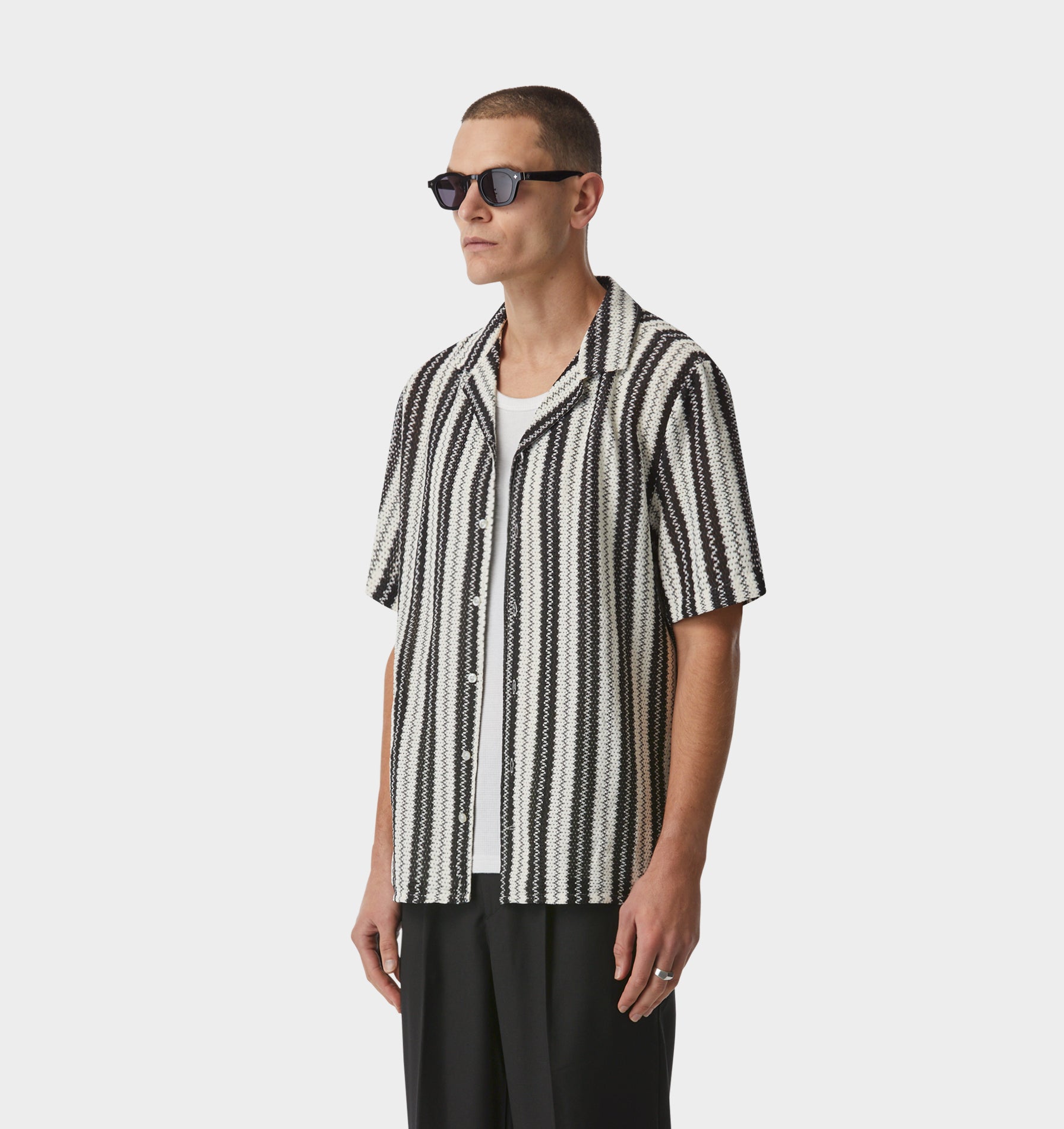 Textured Cuban Collar SS Shirt - Black/White Stripe