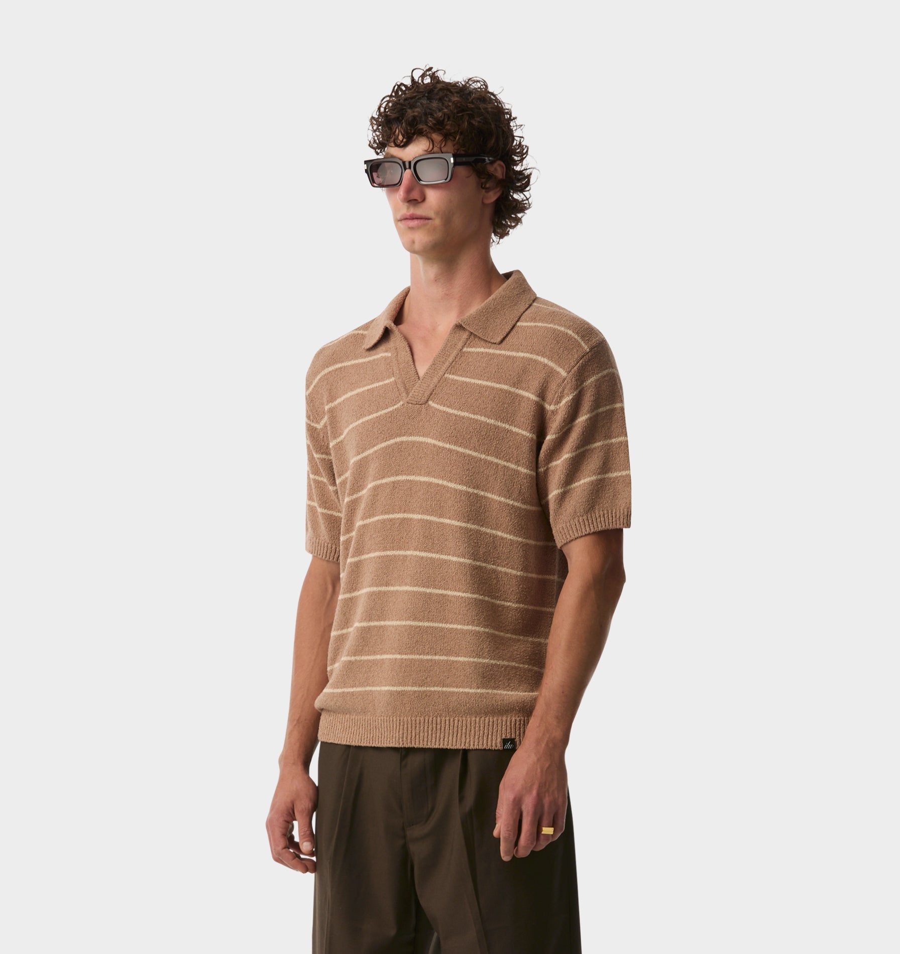 Clive Knit SS Polo - Mushroom Stripe