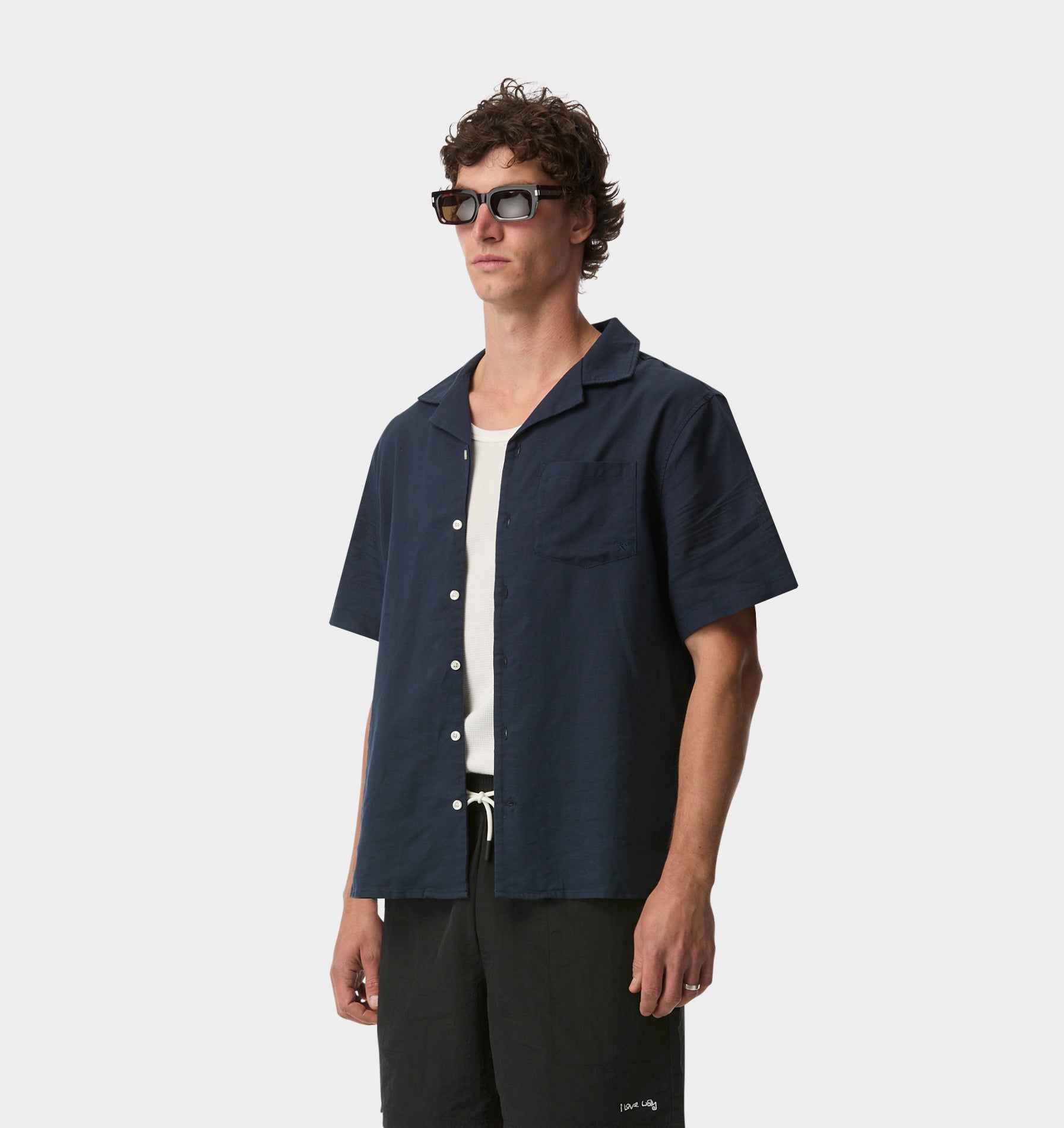 Linen Cuban Collar SS Shirt - Indigo