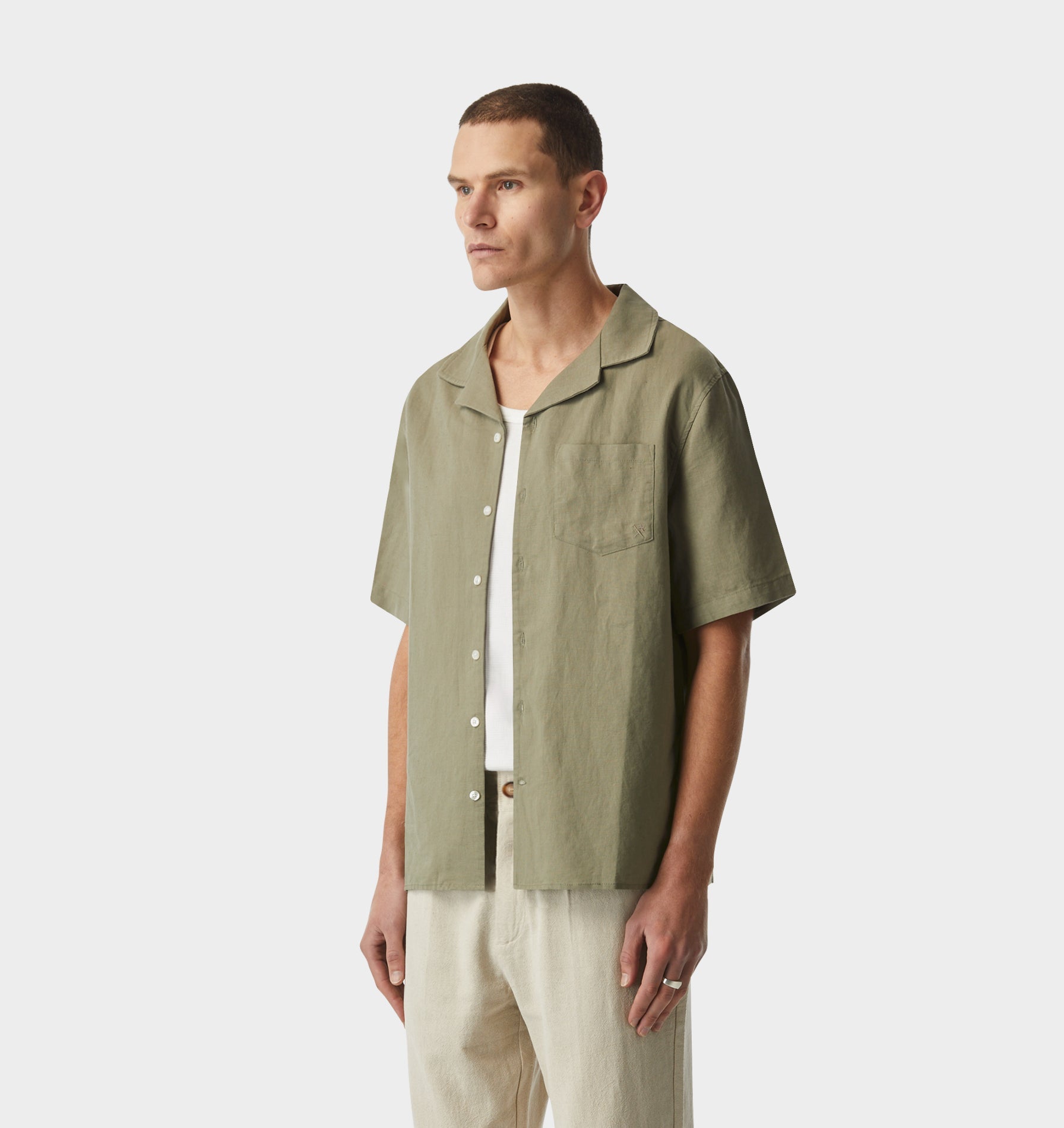Linen Cuban Collar SS Shirt - Sage