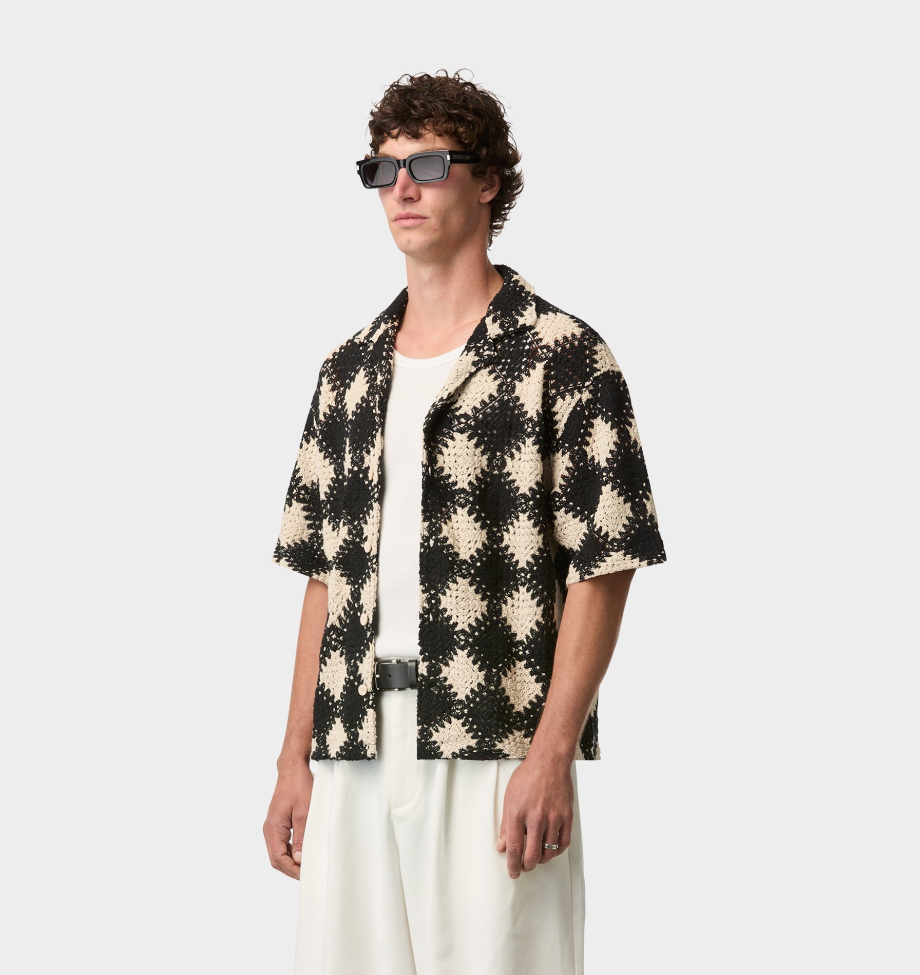 Crochet Box Cuban Collar SS Shirt - Off White/Black