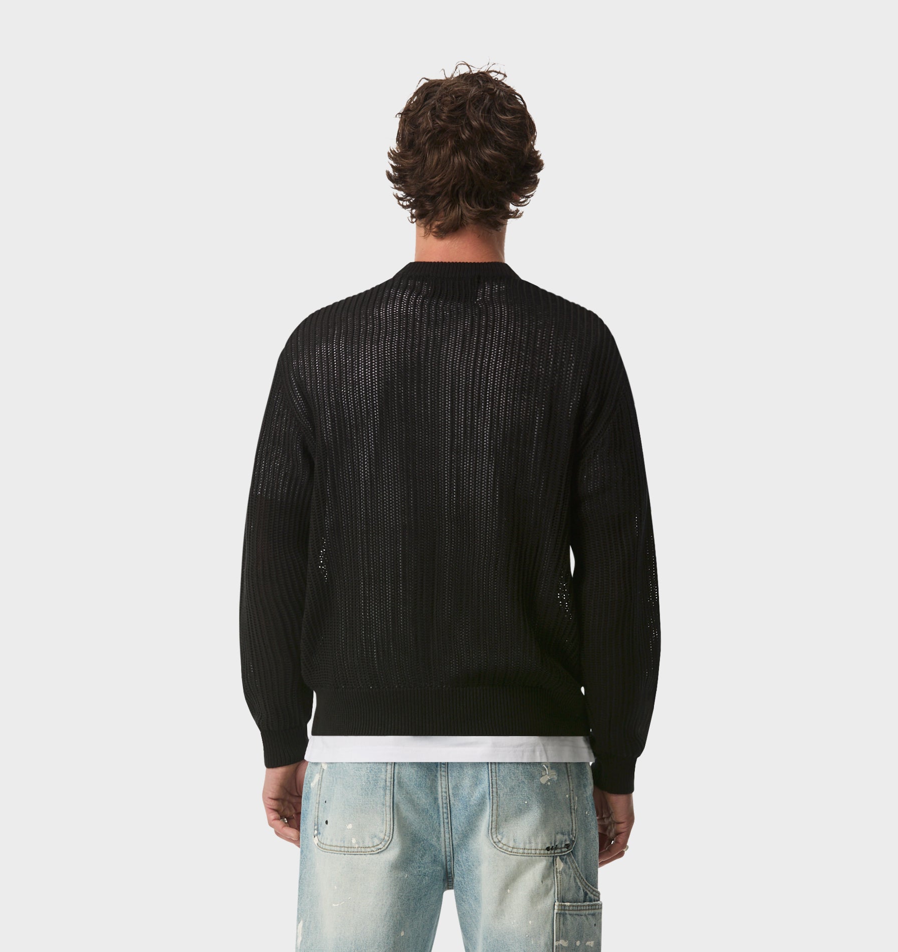 Mesh Cropped Knit Sweater - Black