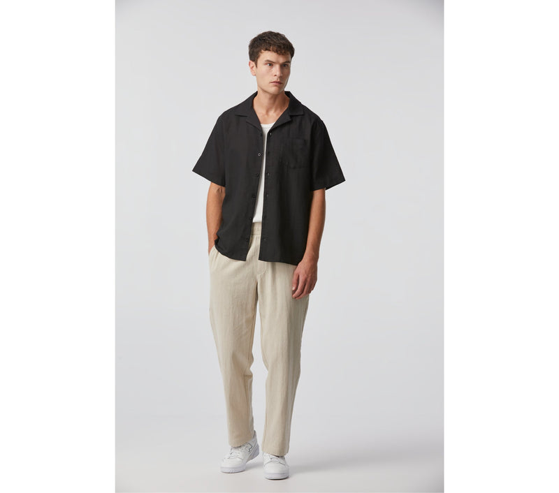Linen Cuban Collar SS Shirt - Black