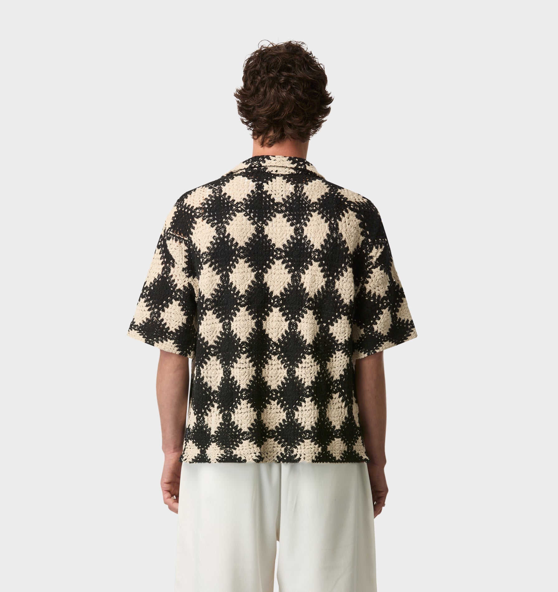 Crochet Box Cuban Collar SS Shirt - Off White/Black