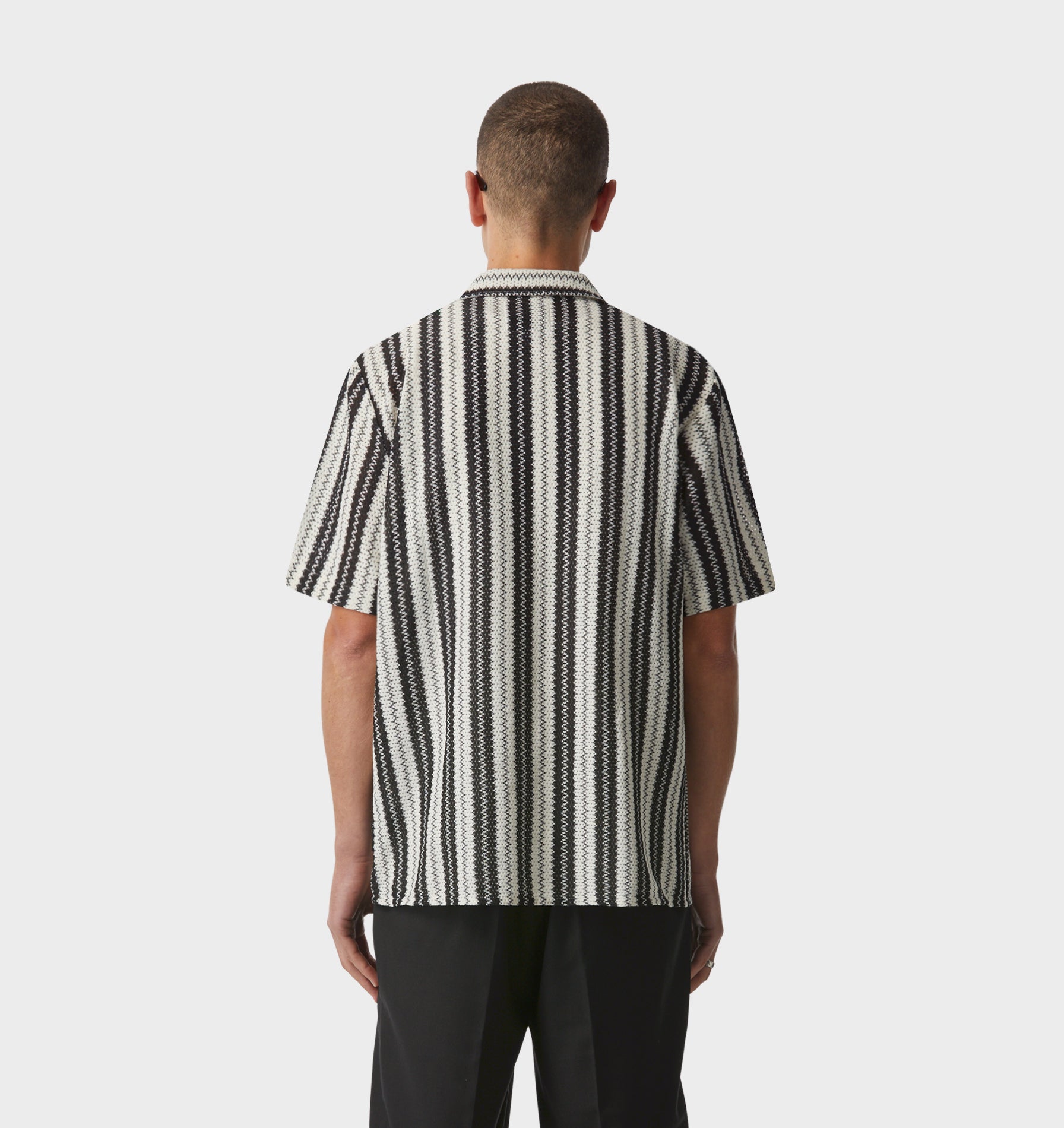 Textured Cuban Collar SS Shirt - Black/White Stripe