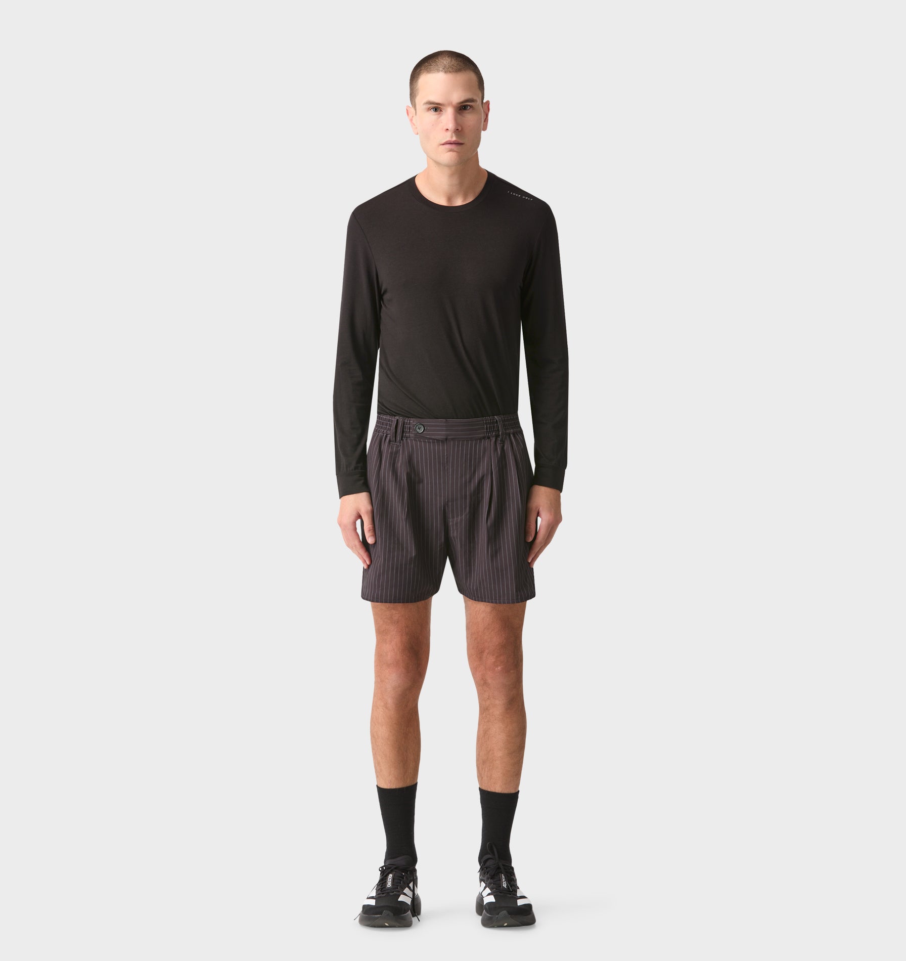 Active Pleat Front Short - Black Pinstripe