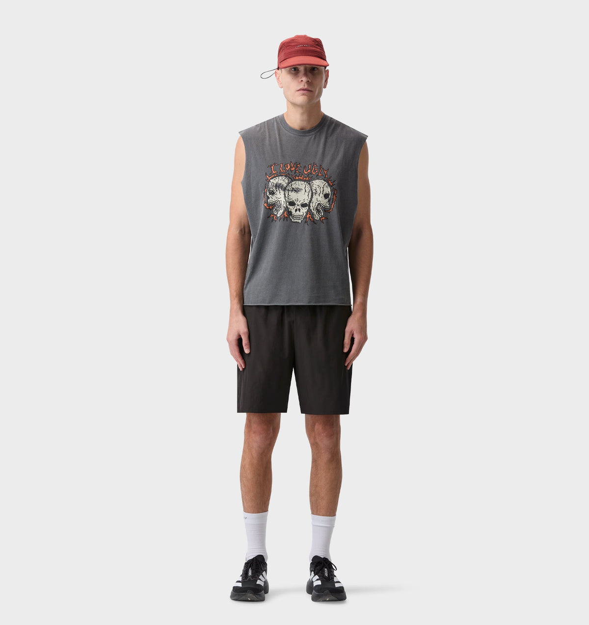 Skull Active Cotton Crop Tank - Washed Black