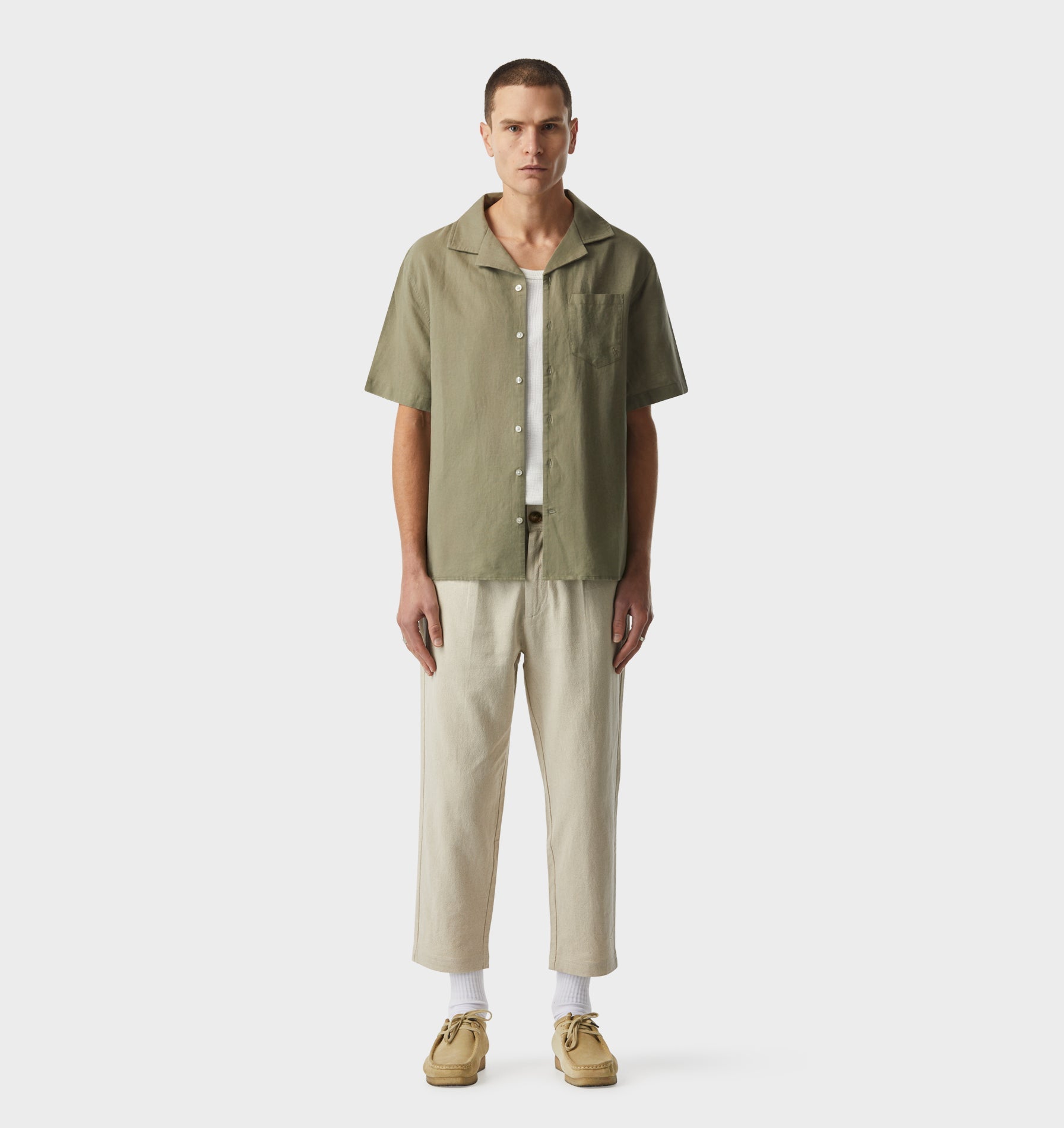 Linen Cuban Collar SS Shirt - Sage