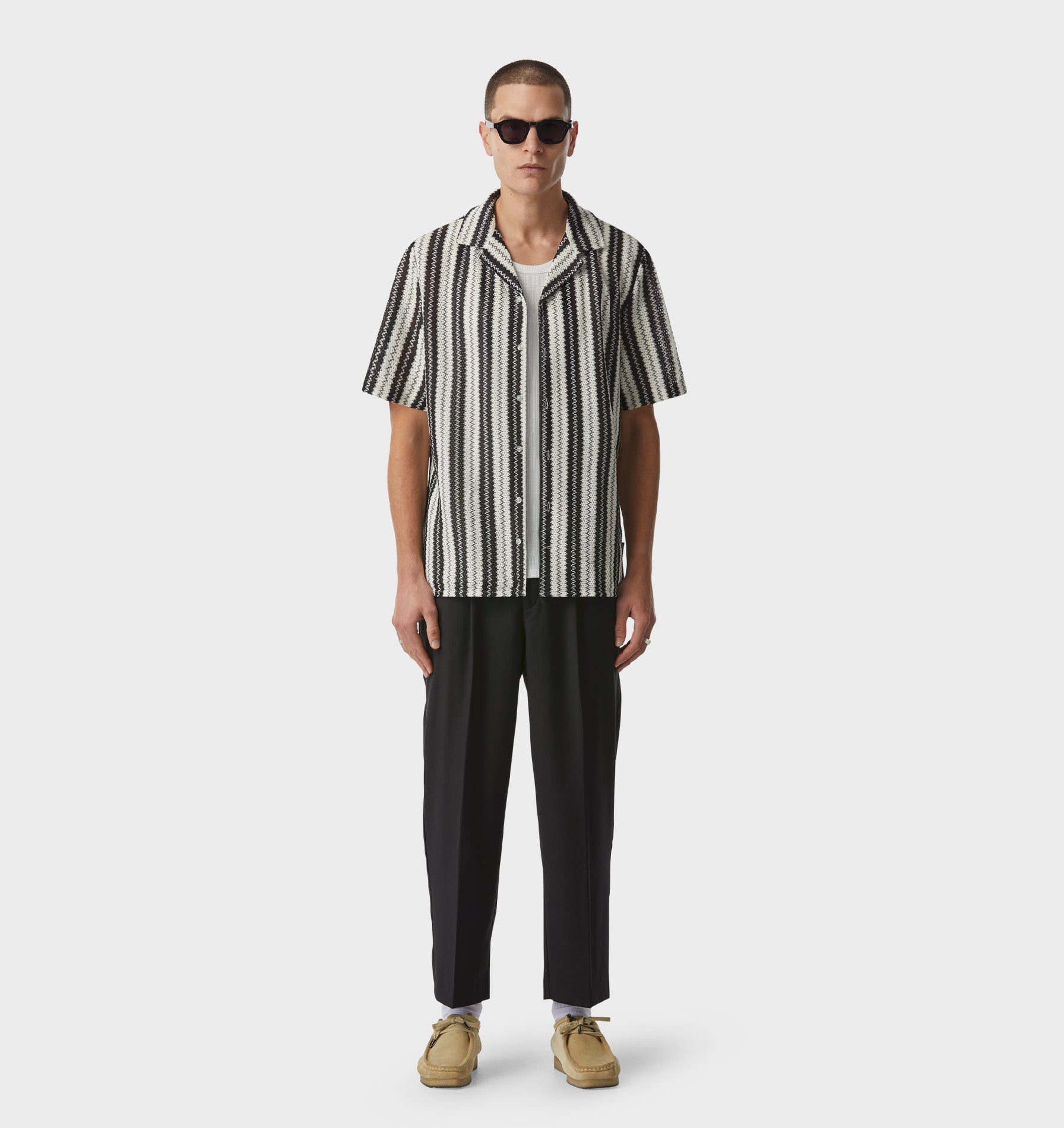 Textured Cuban Collar SS Shirt - Black/White Stripe
