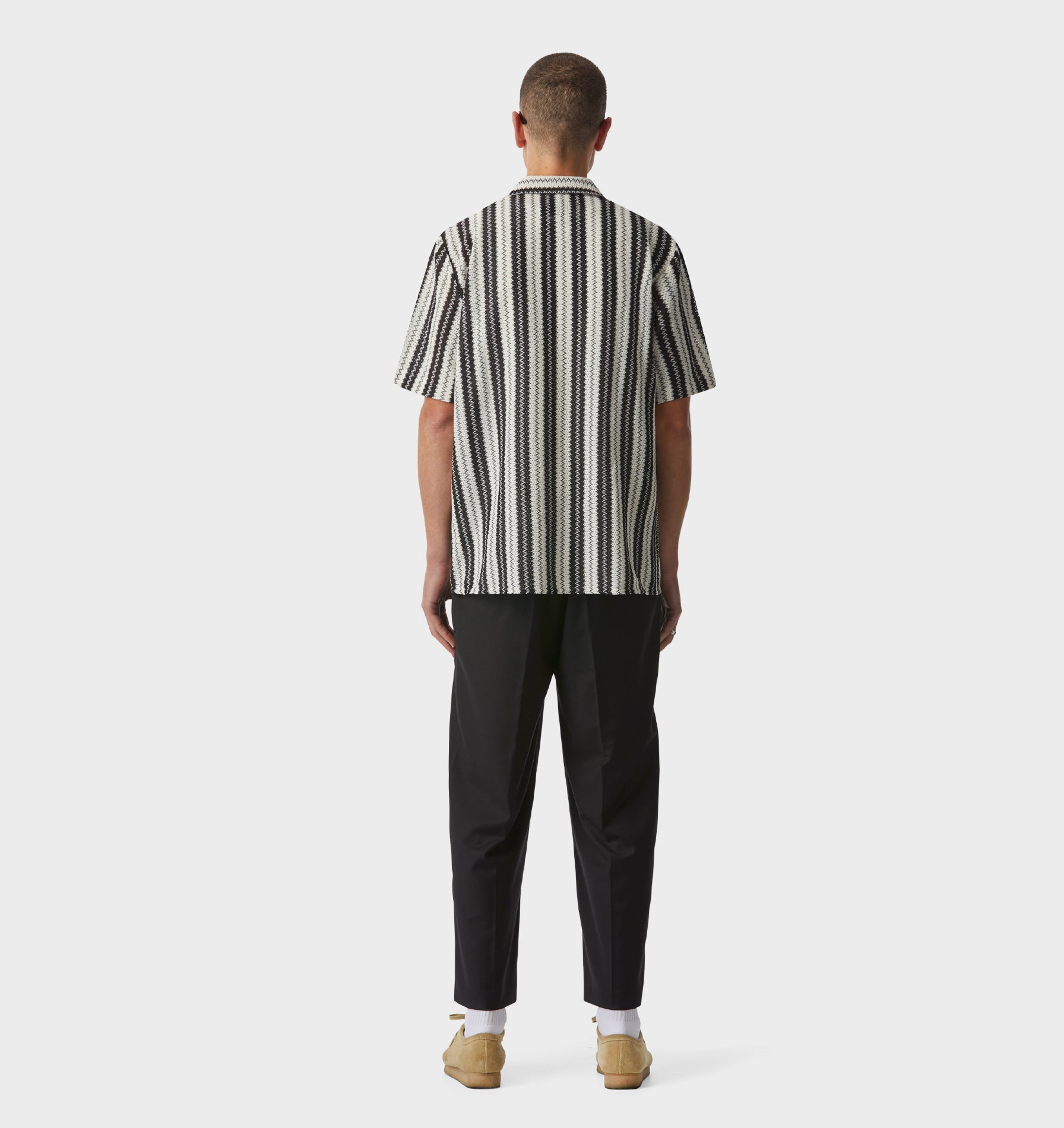 Textured Cuban Collar SS Shirt - Black/White Stripe