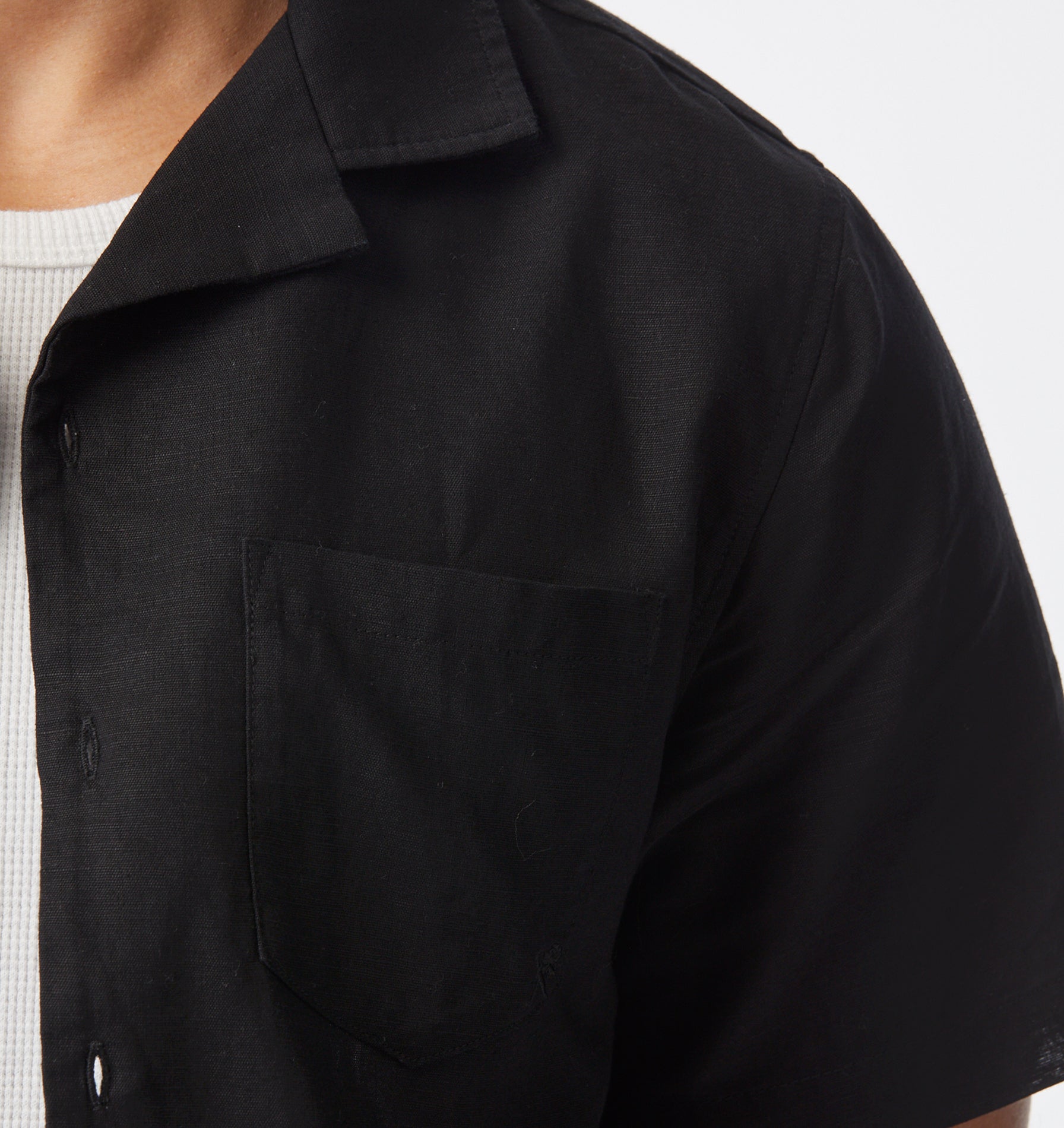 Linen Cuban Collar SS Shirt - Black
