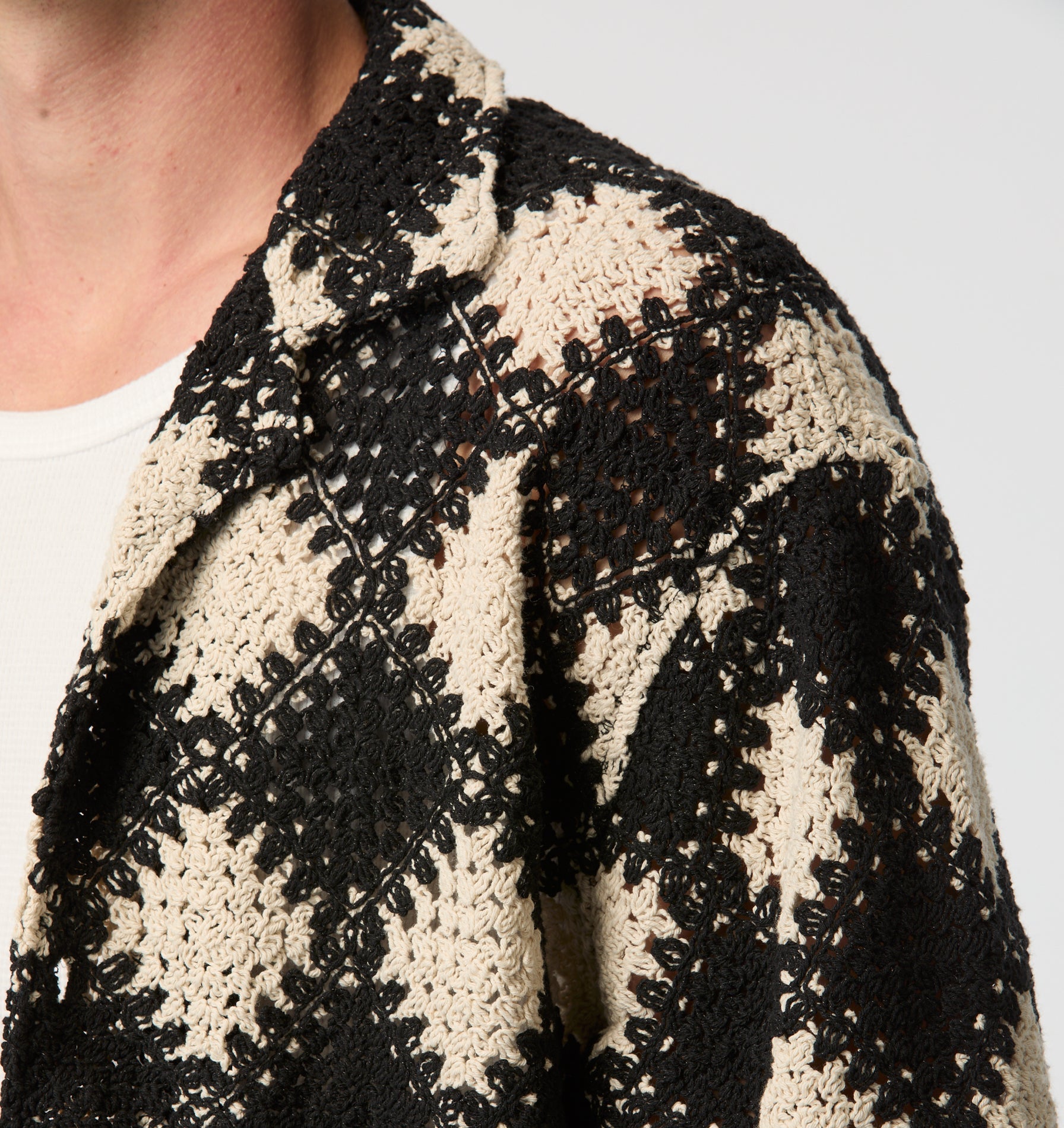 Crochet Box Cuban Collar SS Shirt - Off White/Black