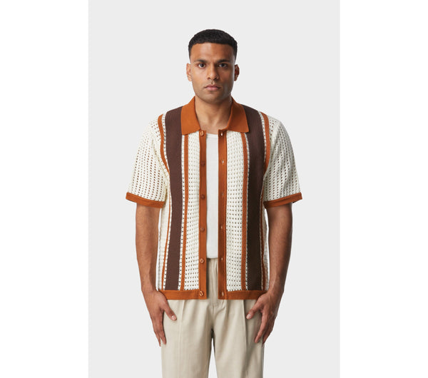 Textured Knit Bowling Shirt - Off White/Tobacco